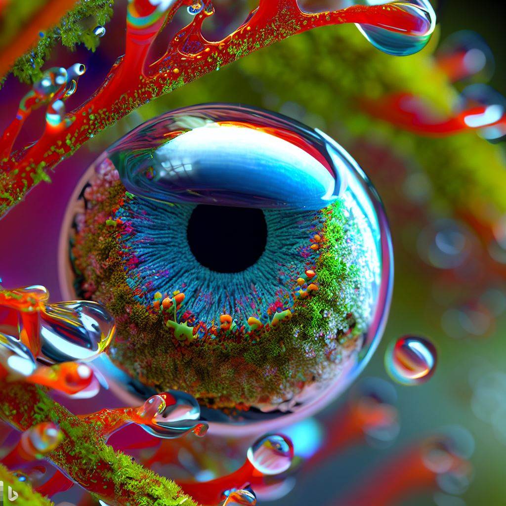 42- 3D hyper-detailed joyfully bursting spattering raindrop with lichen nano-circuitry woven into iris-stroma eye-pupil at its core, spattering wet rainforest moss synapses, mirroring recursion.jpg